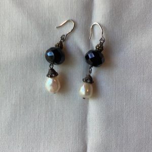 Silver freshwater pearl and jet crystal bead drop earrings